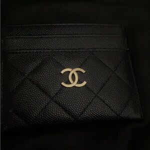 CHANEL Quilted Black Card Holder with Gold Logo